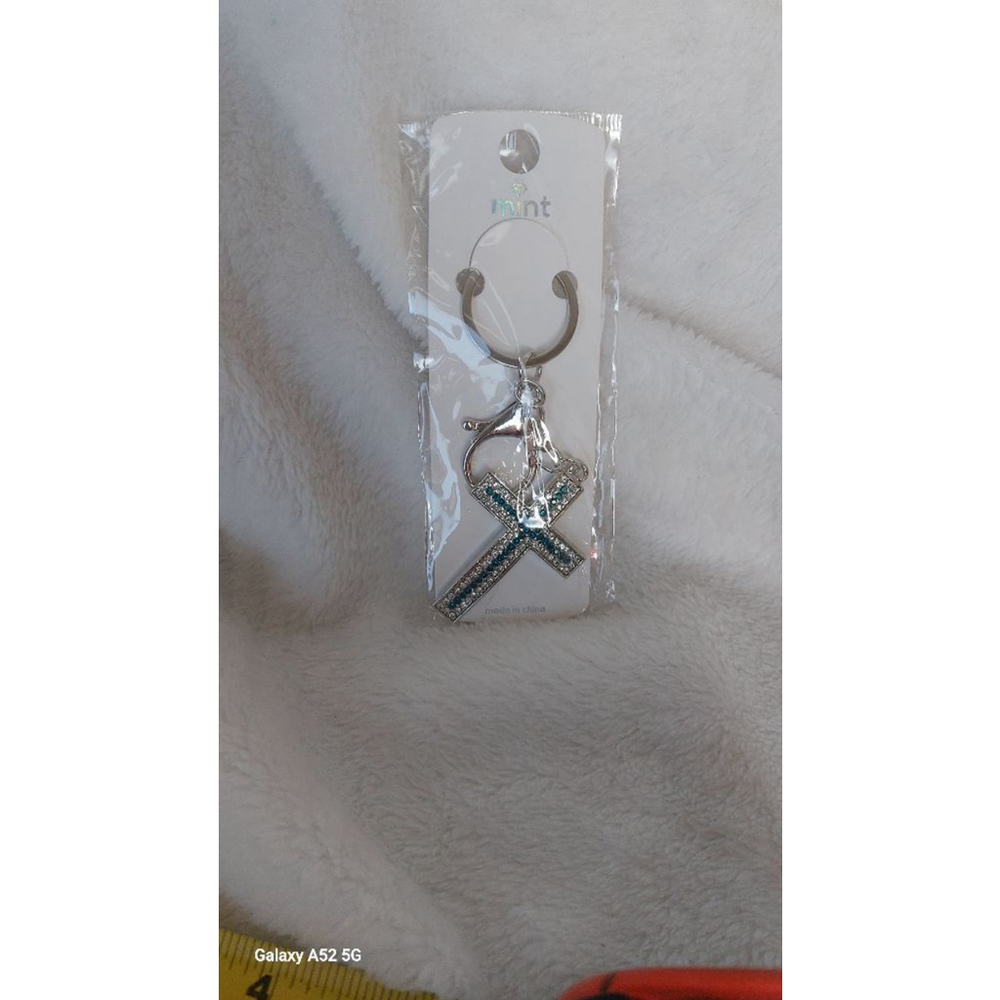 Teal and Silver Rhinestone Cross Keychain - Picture 3 of 3